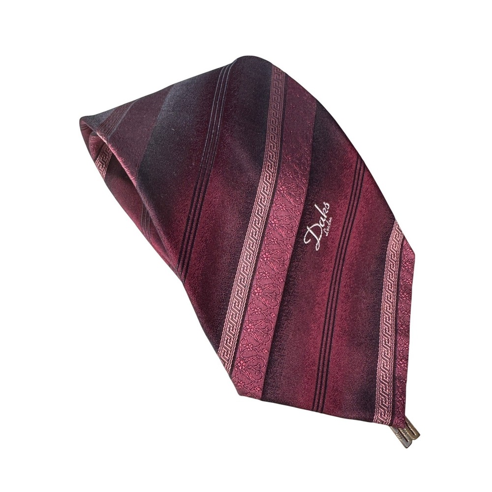 Daks‎ London Mens Silk Necktie Burgundy Plum Striped Greek Key Damask Pattern